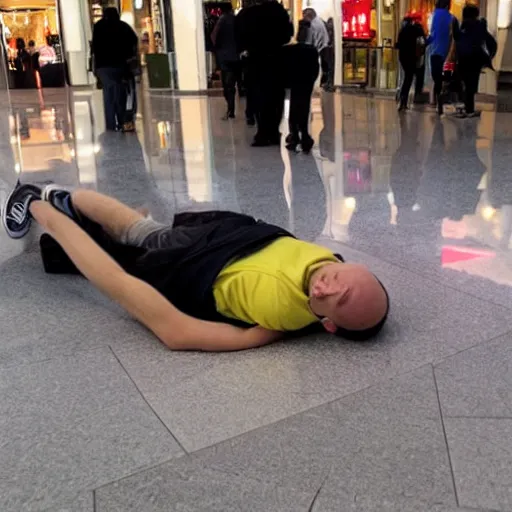 Prompt: man lying face - flat on the floor in the mall