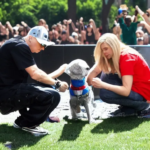 Image similar to Eminem and a dog plays with Lego at Central park