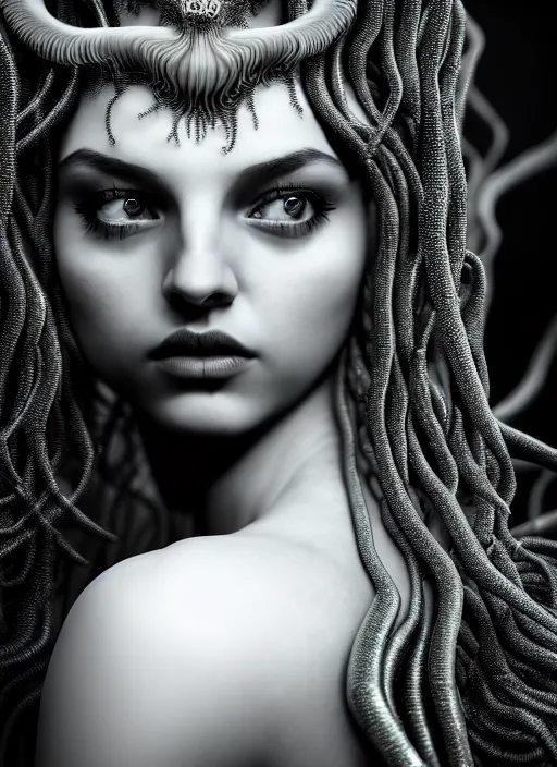 Image similar to surreal mythical dreamy dark artistic black and white fine art photo of a beautiful young female medusa - mermaid - cyborg covered with translucent algae, highly detailed, intricate crystal ivy jelly fish scales ornate, lace web, poetic, octane render, 8 k, photo - realistic, by man ray