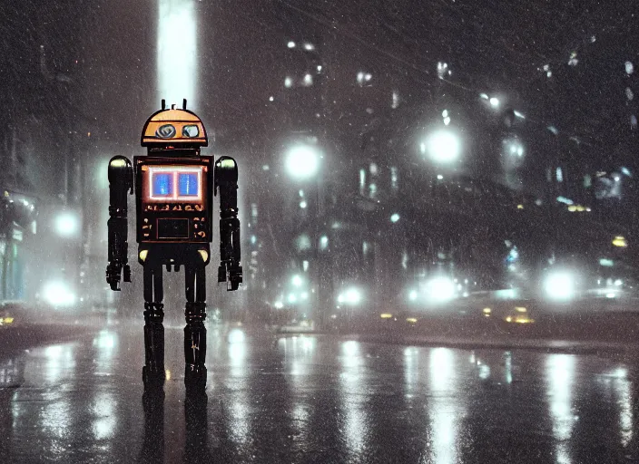 Prompt: a kodachrome photo of a tall huge metallic cyborg droid android with glowing lights, running sprinting on a rainy night in the city in the 1 9 5 0's, seen from a distance, canon 5 0 mm, cinematic lighting, film, photography, award - winning, neon, cyberpunk, blade runner