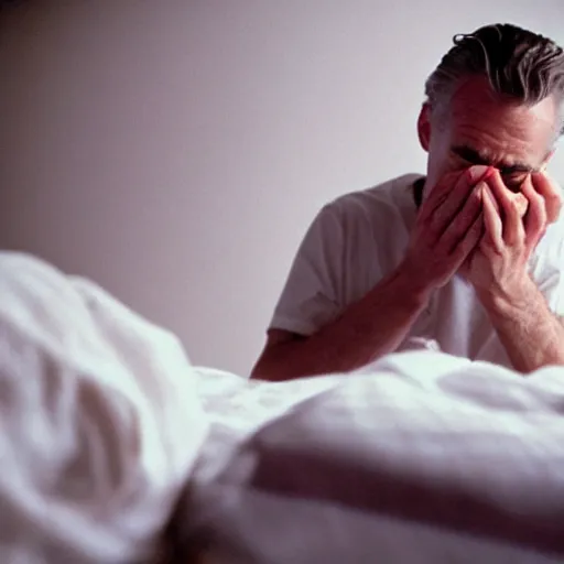 Prompt: jordan peterson crying while making his bed. portra 4 0 0.