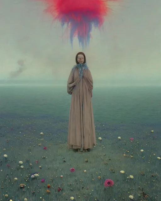 Image similar to A portrait of a woman wearing clothes made out of dying flowers, nuclear explosion in the background, Masterpiece, cyan skin, glowing, wires everywhere, by Edgar Maxence and Ross Tran, Zdzisław Beksiński, and Michael Whelan, distant, gustav dore, H.R. Giger, 8k, octane render