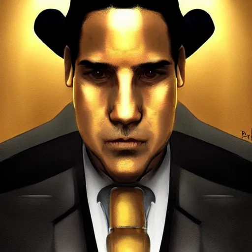 Image similar to “A portrait of a mafia boss in a golden suit, D&D sci-fi, artstation, concept art, highly detailed.”