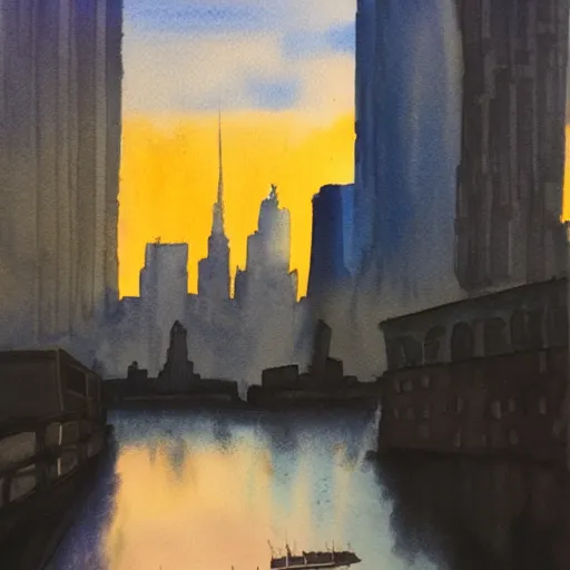 Image similar to new york at sunrise. watercolor. trending on artstation.