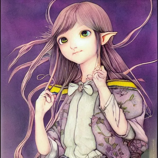 Image similar to little elf tomboy, tunic, soft hair. light color palate, purple, yellow and white. detailed soft painting, ayami kojima, made in abyss, anatomically correct, inspired in balthus