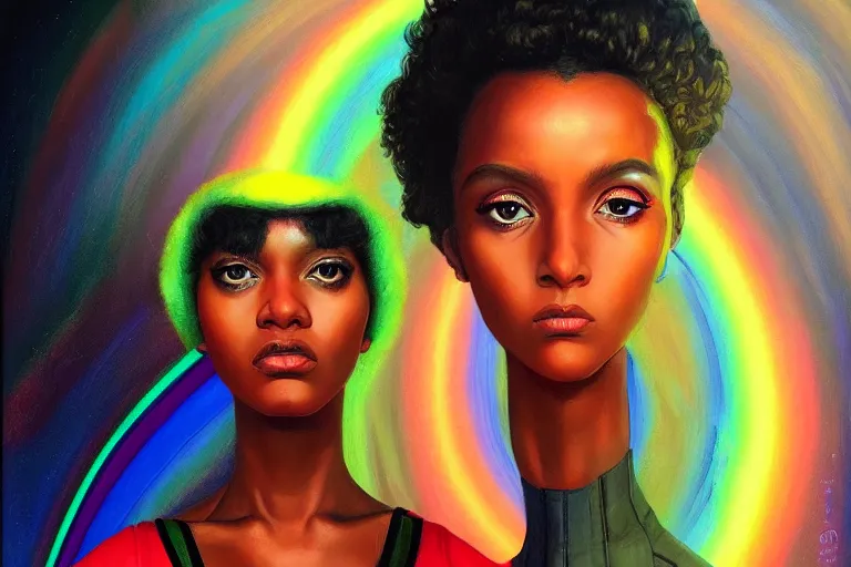 Image similar to patron saint of 🛸🌈👩🏾, futuristic clothing, neon god of city character portrait, in the style of margaret keane, moebius, tom bagshaw, and waterhouse, cinematic lighting, beautiful, elegant, oil painting,