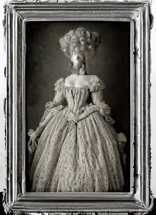 Prompt: old wetplate daguerreotype frame portrait of a futuristic silver armored young looking marie antoinette cyborg, fractal, intricate, elegant, highly detailed, subsurface scattering, by jheronimus bosch and greg rutkowski and louis jacques mande daguerre