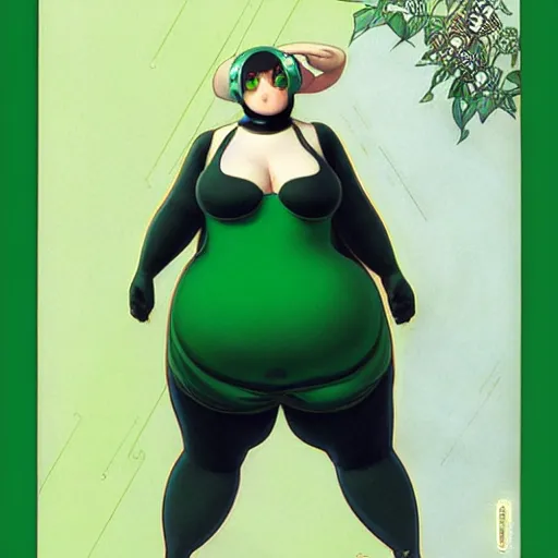 Prompt: fat pigeon in a green body suit, by Range Murata and Mucha