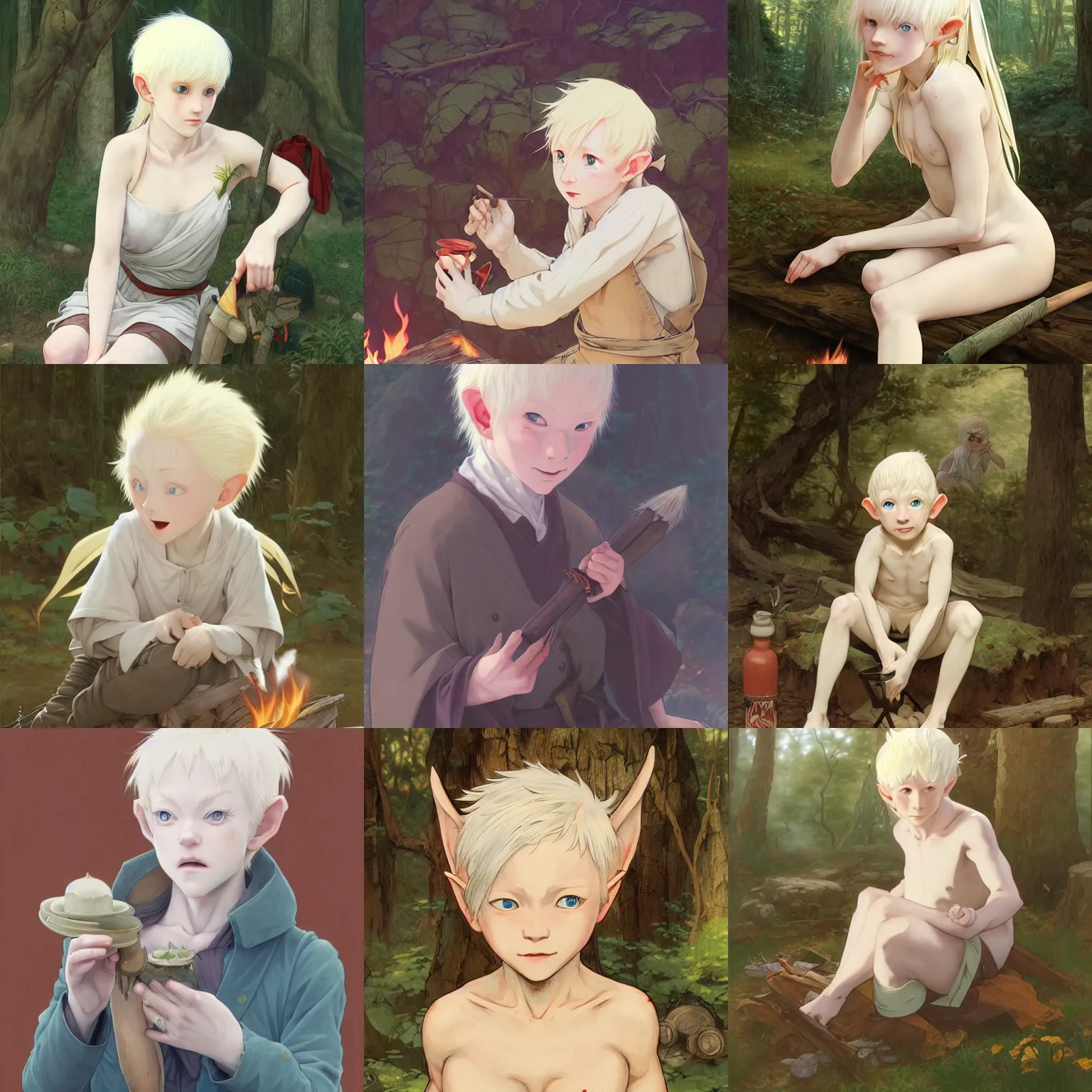 Prompt: albino elf sitting by a campfire, finely illustrated face, highly detailed, colored pencil, studio ghibli, tankobon, in the style of ilya kuvshinov and krenz cushart and william - adolphe bouguereau and alphonse mucha