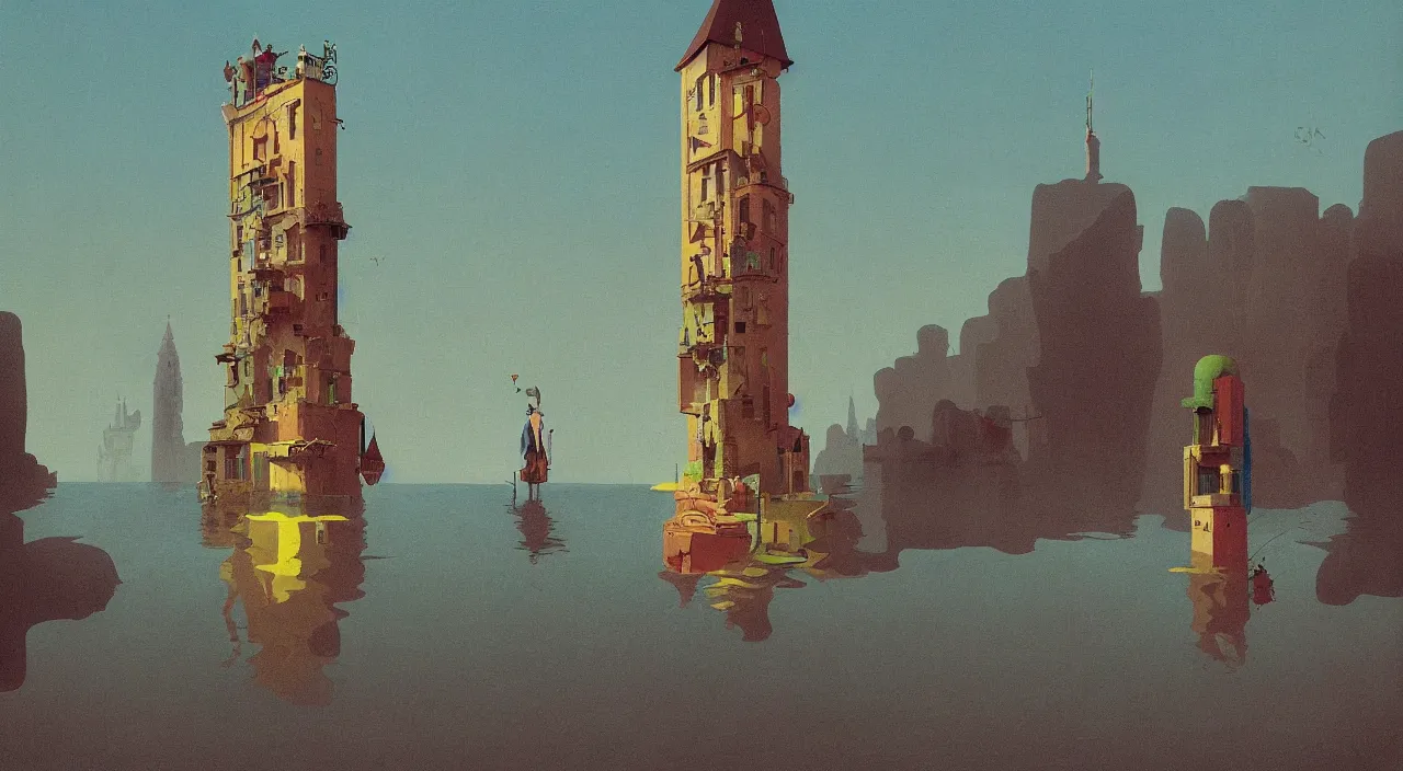 Prompt: single flooded simple floating clay tower, very coherent and colorful high contrast!! masterpiece by rene magritte simon stalenhag carl spitzweg syd mead norman rockwell edward hopper james gilleard, minimalist, dark shadows, sunny day, hard lighting