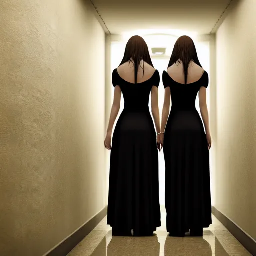 Image similar to twin girls standing at the end of a hotel hallway wearing dresses, 4 k, vintage, scary, scary movie, trending on artstation, uncanny valley