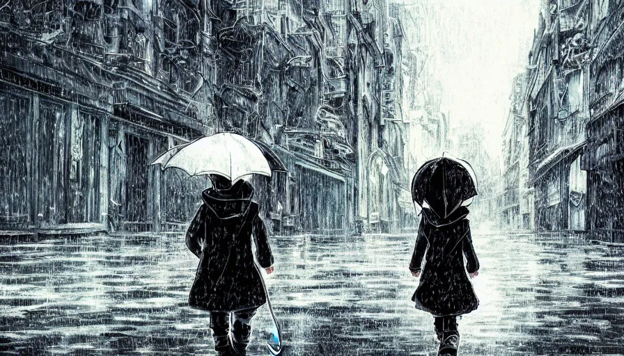 Image similar to detailed anime art. hooded boy holding an umbrella, walking through a ( rainy ) street. ( ruined ) buildings in the background. ( cinematic detailing ) ( anime art )