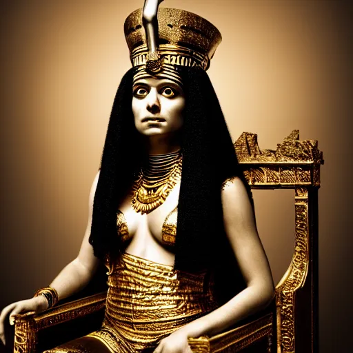 Prompt: Photo of Cleopatra, Queen of the Kingdom of Egypt, sitting on a throne, close-up, high detail, studio, ominous background, smoke, by Martin Schoeller