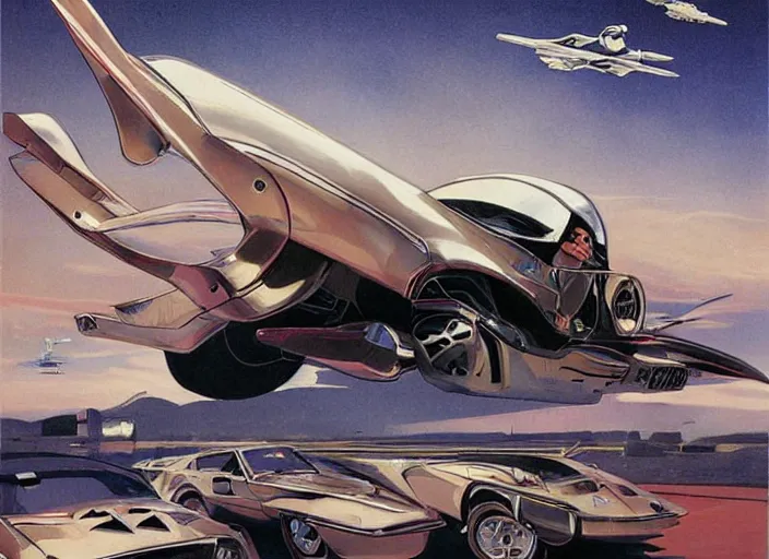 Image similar to ( ( ( ( ( 1 9 8 2 pontiac trans am, jaguar e - type, car concept art, sci - fi illustration, painting, star wars, the rocketeer ) ) ) ) ) by vincent di fate and john berkey and star wars and the rocketeer!!!!!!!