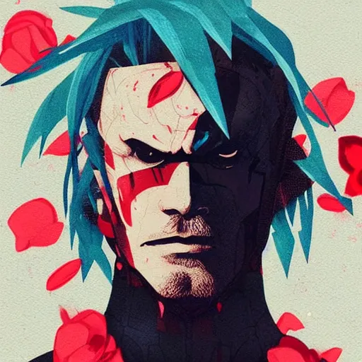 Image similar to Raiden from MGS4 profile picture by Sachin Teng, asymmetrical, Organic Painting , Violent, Dark, Rose Petal Background, Powerful, geometric shapes, hard edges, energetic, graffiti, street art:2 by Sachin Teng:4