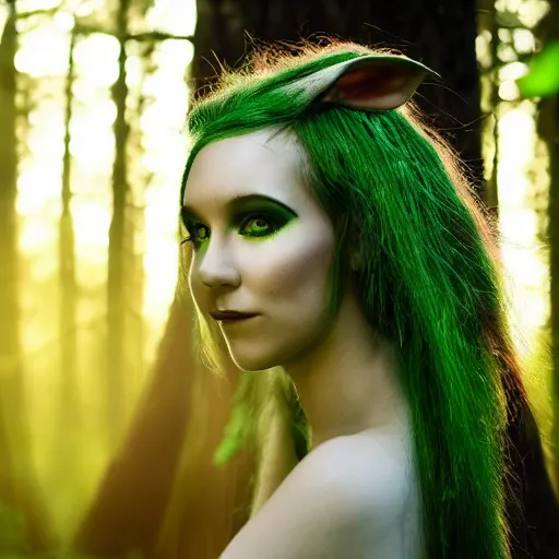 Image similar to stunning breathtaking photo of a wood nymph with green hair and elf ears in a hazy forest at dusk. dark, moody, eerie lighting, brilliant use of glowing light and shadow. sigma 8 5 mm f / 1. 4