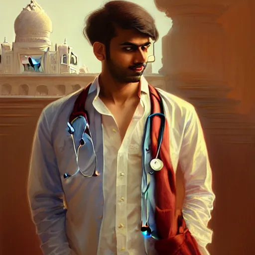 Image similar to Anxious good looking pale young Indian doctors wearing American clothes at the airport, portrait, elegant, intricate, digital painting, artstation, concept art, smooth, sharp focus, illustration, art by artgerm and greg rutkowski and alphonse mucha