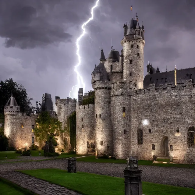 Prompt: hyper realistic photo, well maintained castle with moody lighting, far away - shot from the front gate courtyard with lightning in the background