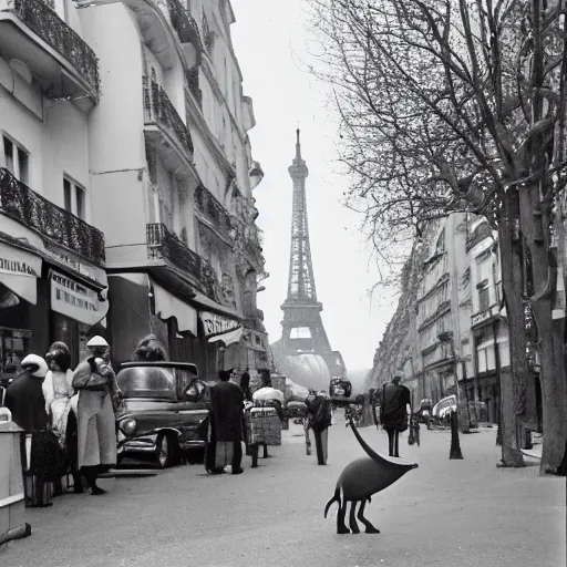Image similar to french parasaurolophus walking in the streets of paris, 3 5 mm, 1 9 5 4, low angl