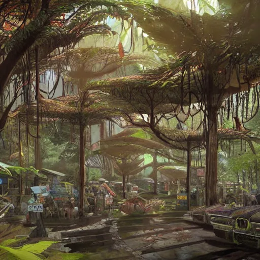 Image similar to maori tlingit forest bazaar, science fiction concept art