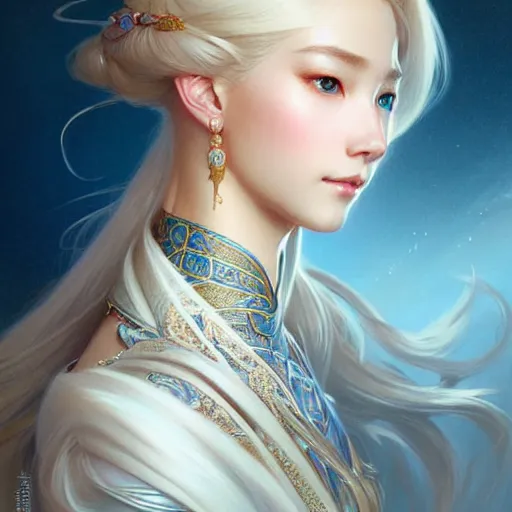 Image similar to elegant Chinese princess, D&D, blue eyes, blonde hair, fantasy, intricate, elegant, highly detailed, digital painting, artstation, concept art, smooth, sharp focus, illustration, art by artgerm and greg rutkowski and alphonse mucha