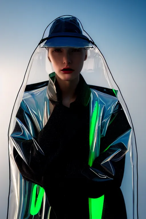 Image similar to an ultra high definition professional high fashion portrait studio full length photograph of a model wearing a transparent pearlescent raincoat and neon visor in an icelandic black rock environment at dawn. no artefacts. extremely detailed. stark. refraction. shallow depth of field. volumetric light and shadow. ray tracing. light rays.