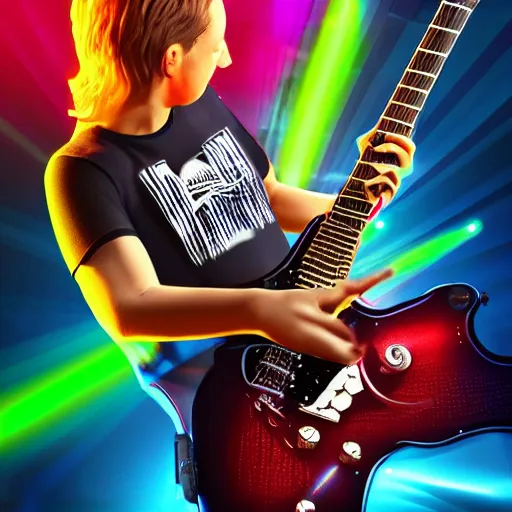 Prompt: poster of musician playing electric guitar, rockband, lights and music behind, ultra realistic, epic games, intricate details