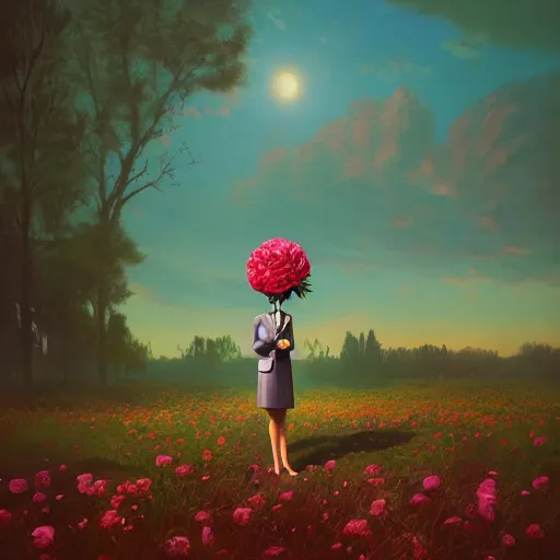 Image similar to giant rose flower head, frontal, girl in a suit, surreal photography, sunrise, dramatic light, impressionist painting, digital painting, artstation, simon stalenhag