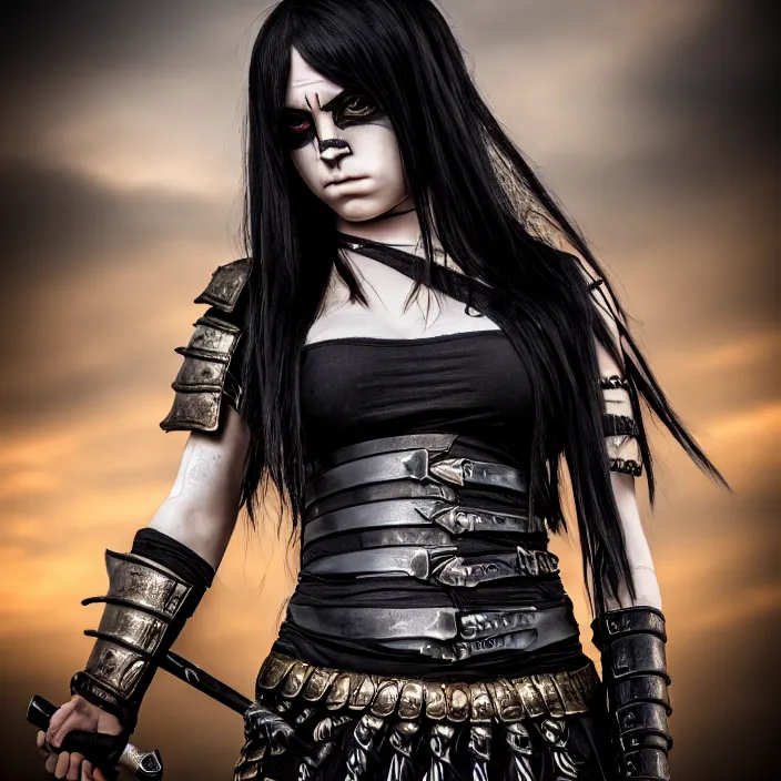 Prompt: professional full length photograph of a beautiful female emo warrior. Extremely detailed. 8k