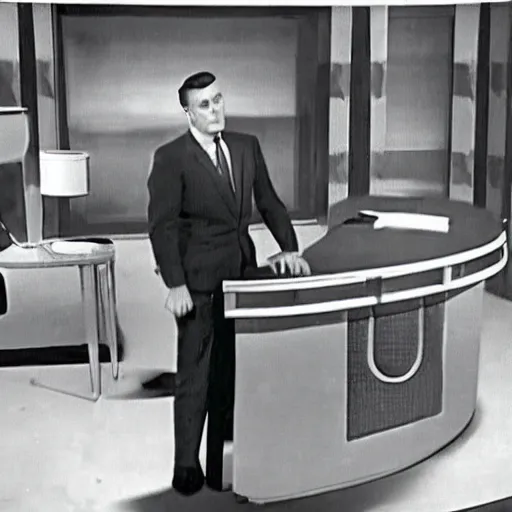 Prompt: 1 9 6 0's news broadcast, a man in vintage suit sitting at a silver desk while being stalked by a gigantic black panther