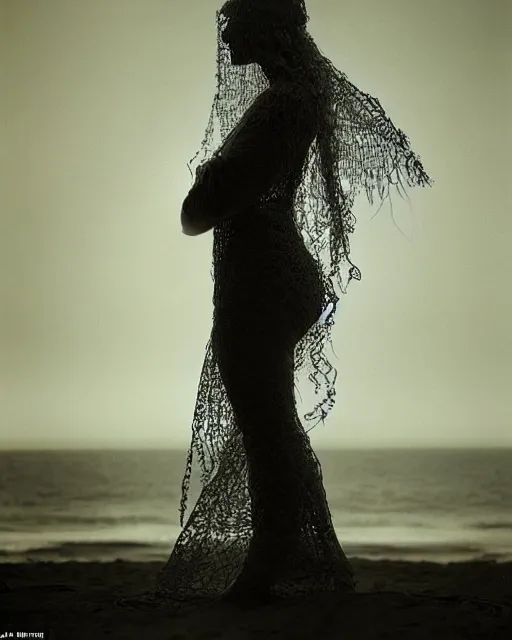 Image similar to a woman standing by the sea, made of intricate decorative lace leaf skeleton, in the style of the dutch masters and gregory crewdson, dark and moody