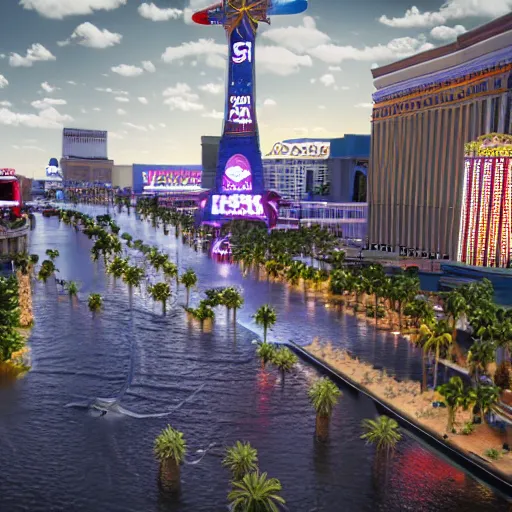 Image similar to las vegas strip being flooded end of the world 3 d studiomax, maya 3 d, unrealengine, 4 k, 8 k, hdr, extreme render, mind - bending reality, hyper detailed, wide angle ultra - vivid, photo - realistic nikon 3 5 mm, photograph