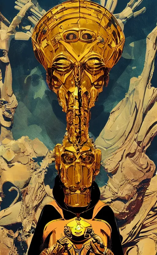 Prompt: golden robed ancient god with a giant bird skullhead, comic book texture, 4 k asymmetrical portrait, frank miller, jamie hewlet, ashley wood, tom lovell, mike mignola, trending on artstation, norman saunders, will eisner, 4 k