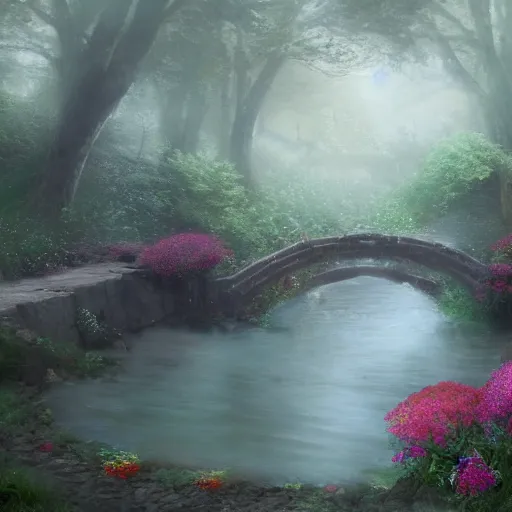 Prompt: matte painting of an old mason bridge decorated with flowers alongside above a small river stream, realistic, 4 k, artstation, dreamy, fog, volumetric lighting