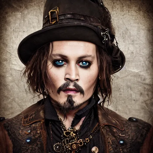 Prompt: Intricate steampunk portrait, resembling johnny depp, the right eye has blue neon glowing, background is a soft lit white colored room, wide screen format, film grain