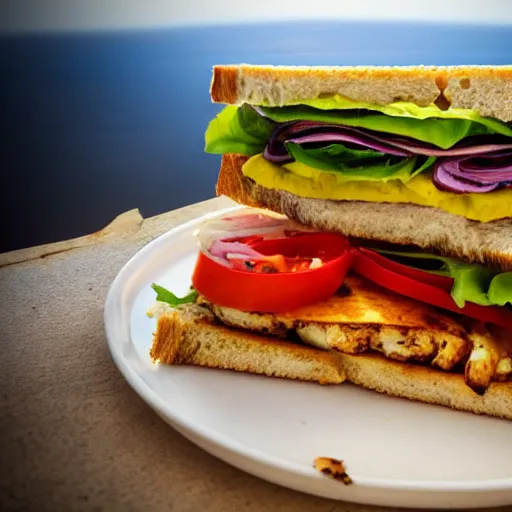 Image similar to sandwich with roasted tofu, also tomato, onion, avocado and cheddar, over a dish and over a table, sunset background with saturn in the sky, studio photo, amazing light