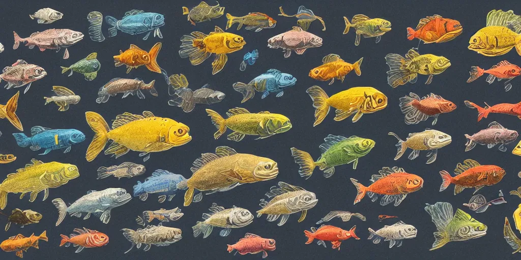 Image similar to full color page scan of various vintage fish illustrations on black background, in matte painting, 2 d, kitbash, 4 k,