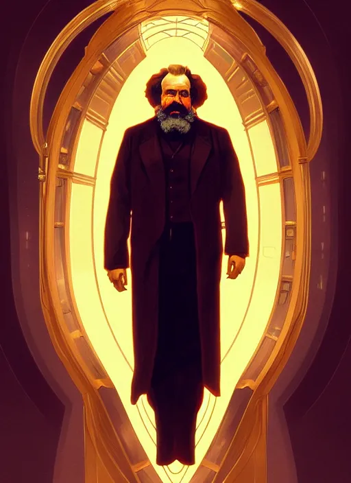 Image similar to symmetry!! portrait of karl marx, sci - fi, glowing lights!! intricate, elegant, highly detailed, digital painting, artstation, concept art, smooth, sharp focus, illustration, art by artgerm and greg rutkowski and alphonse mucha, 8 k