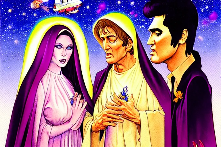 Image similar to a hyperrealist watercolour character concept art portrait of the virgin mary and elvis on well lit night in las vegas, nevada. there is a ufo. roses adorn. by rebecca guay, michael kaluta, charles vess and jean moebius giraud