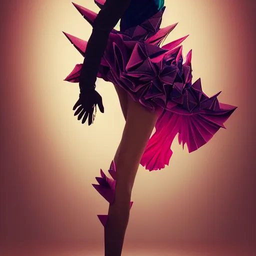 Prompt: 3 / 4 view of a female dancer wearing an origami dress, eye - level medium shot, elegant, by eiko ishioka, givenchy, philippe druillet, by peter mohrbacher, centered, fresh colors, origami, fashion, detailed illustration, vogue, high depth of field, japanese, reallusion character creator