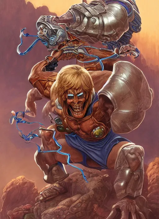 Image similar to portrait of He-man and Skeletor fused together in The Fly (1986), intricate, highly detailed, centered, digital painting, artstation, concept art, smooth, sharp focus, illustration, artgerm, donato giancola, Joseph Christian Leyendecker, WLOP, Artgerm