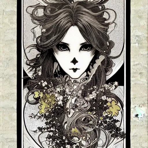 Image similar to anime manga skull portrait woman comic skeleton illustration style by Alphonse Mucha pop art nouveau