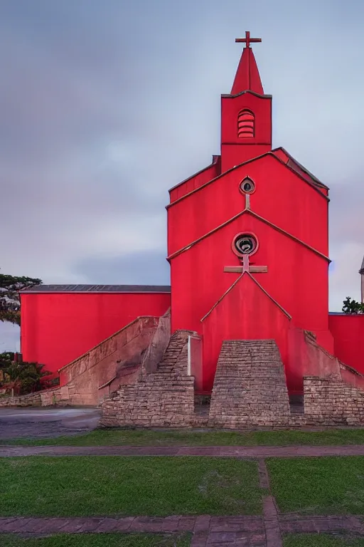 Prompt: buliding design by ricardo bofil, function is church ， red ， dusk seaside ， photography ， 8 k