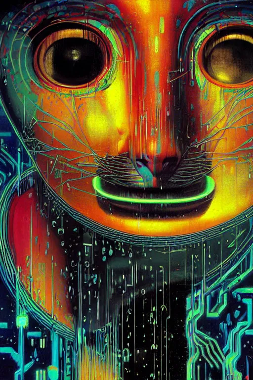 Prompt: 8 0 s art deco close up portait of cyber cat, rain like a dream oil painting curvalinear clothing cinematic dramatic cyberpunk textural fluid lines otherworldly vaporwave interesting details fantasy lut epic composition by basquiat zdzisław beksinski james jean artgerm rutkowski moebius francis bacon gustav klimt