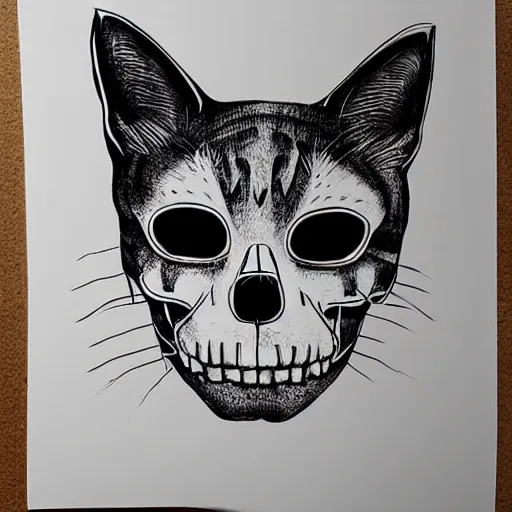 Image similar to cat skull outline, black ink on white paper