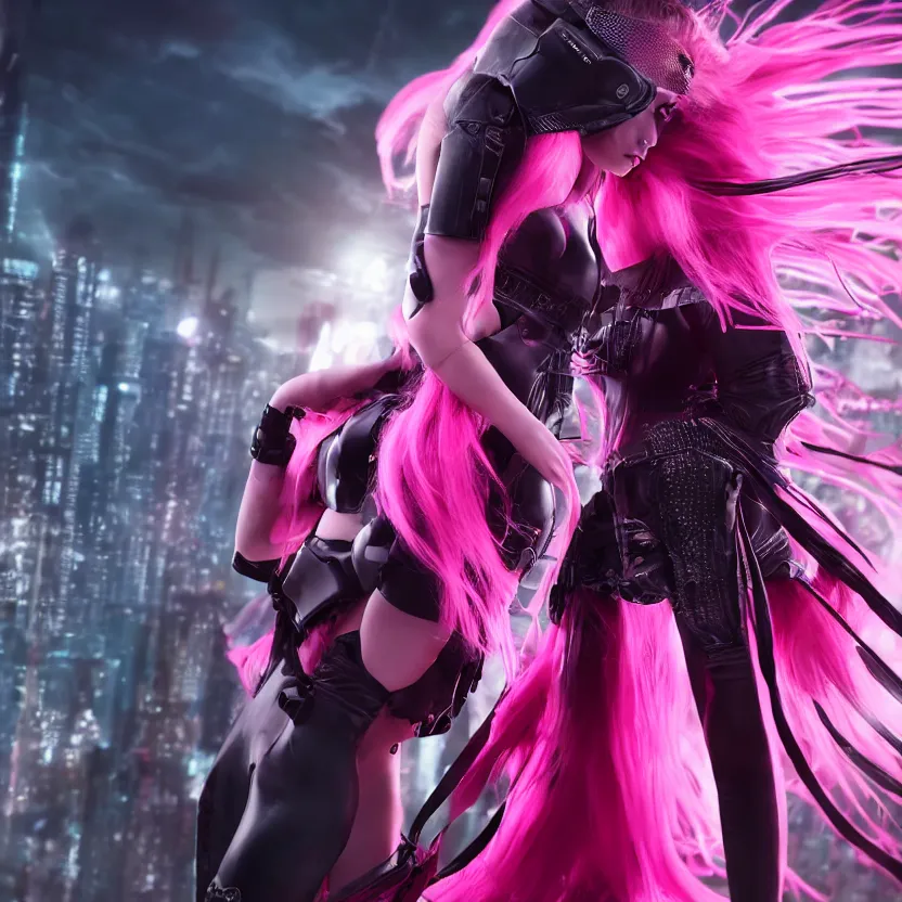 Image similar to stunning young cyberpunk girl + pink hair + black hoddy + flury skirt, living her dreams, mysterious, atmospheric, cinematic, Epic, 8k, 4k, ultra detail, ultra realistic, rendered by awesomeness