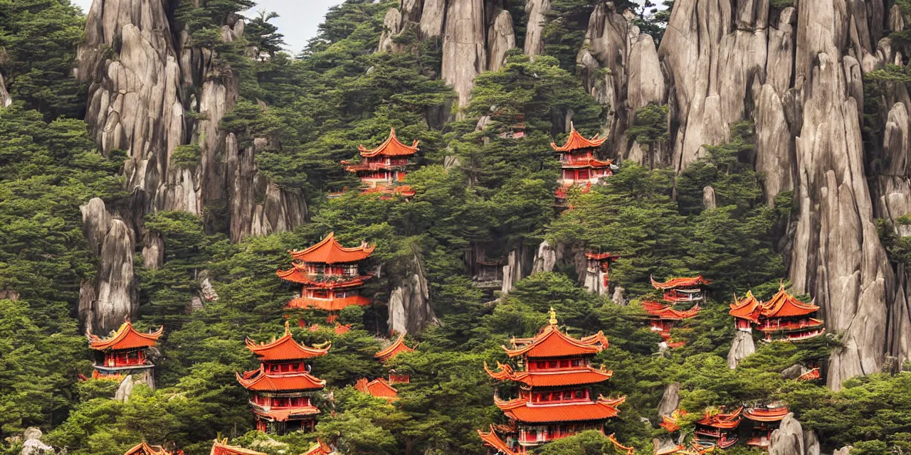 Prompt: taoist temples in huangshan, landscape by joos de momper