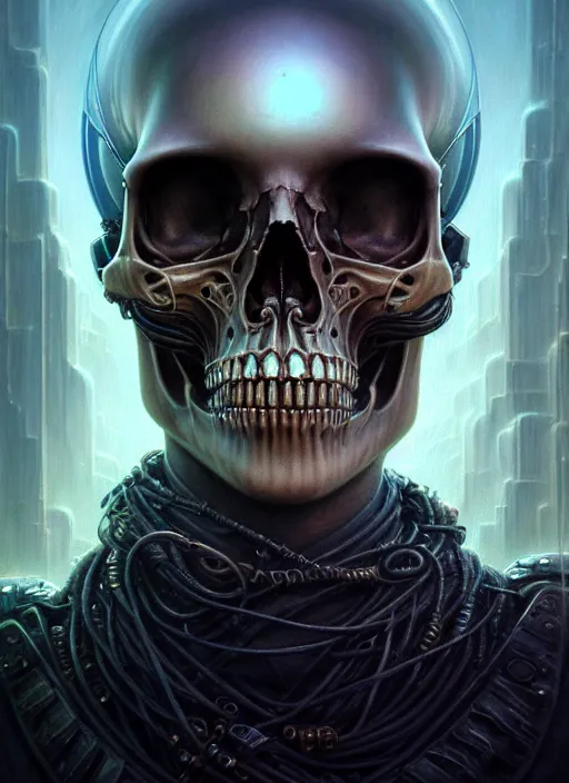 Image similar to closeup portrait shot of a cyberpunk skull in a scenic dystopian environment, intricate, elegant, highly detailed, centered, digital painting, artstation, concept art, smooth, sharp focus, illustration, artgerm, tomasz alen kopera, peter mohrbacher, donato giancola, joseph christian leyendecker, wlop, boris vallejo