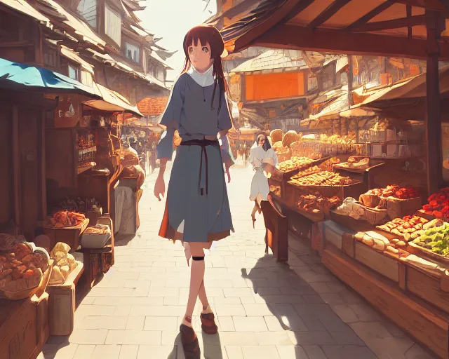 Prompt: anime visual, portrait of a young female traveler in an open medieval market shopping, cute face by yoh yoshinari, katsura masakazu, neutral light, dynamic pose, dynamic perspective, strong silhouette, textured, ilya kuvshinov, cel shaded npr, crisp and sharp, rounded eyes, moody