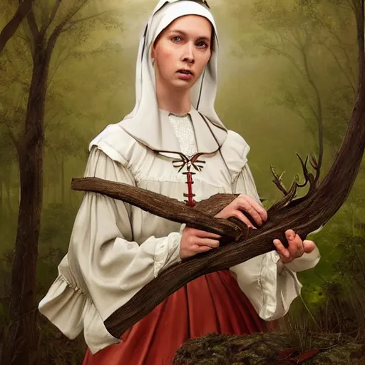 Image similar to A masterpiece portrait of a Incredibly beautiful maid barique renaissance swamp nun girl hunting on deer with russian greyhound medium shot, intricate, elegant, highly detailed. trending on artstation, digital art, by Stanley Artgerm Lau, WLOP, Rossdraws, James Jean, Andrei Riabovitchev, Marc Simonetti, Yoshitaka Amano. background by James Jean and Gustav Klimt, light by Julie Bell, 4k, porcelain skin.